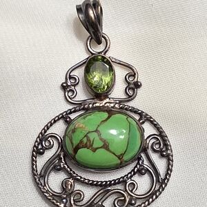 Artisan Crafted Mojave Green Turquoise, Hebei Peridot, Sterling Silver Pendant